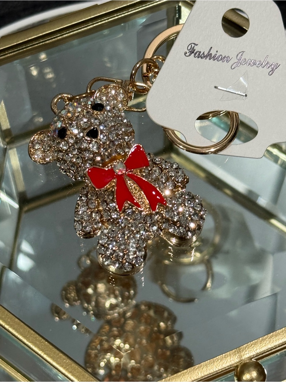 Fashion Jewelry Gold-Tone Crystal Bear Keychain with Red Bow - Picture 3 of 3